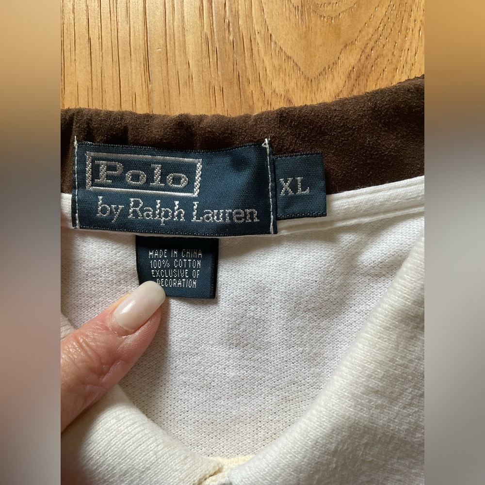 Ralph Lauren Creme Long Sleeve Polo with Brown Accents, Size XL - Picture 6 of 7